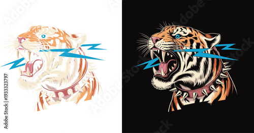 Ferocious Tiger Head with Lightning Bolt and Spiked Collar Flat Vector Illustration, Edgy Art