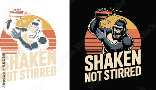 Gorilla Shaking Cocktail Drink Flat Vector Illustration, Retro Shaken Not Stirred Art