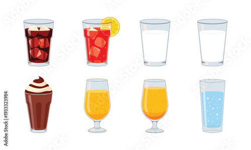 Assorted beverages in glasses cola juice milk and water