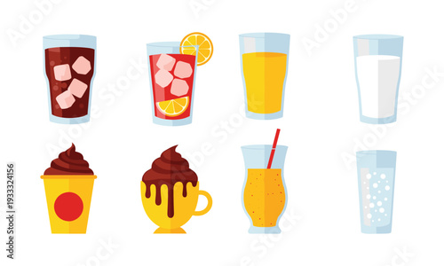 Assorted refreshing beverages and desserts in a colorful vector illustration