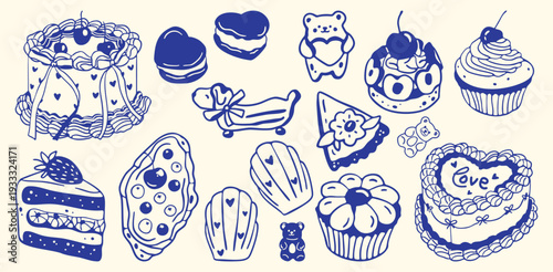Set of cute sweet desserts in hand drawn. Food collection - cakes, macarons, cookies, cupcakes, croissant with berries, jelly candies and pastries. Bakery sweets illustration for bakery menus, cafes