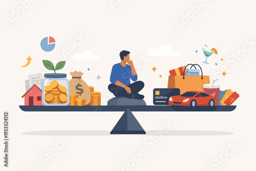 Man sitting on a scale balancing financial decisions between saving money with coins, house, and investment vs spending on luxury car, shopping, and entertainment, personal finance management.