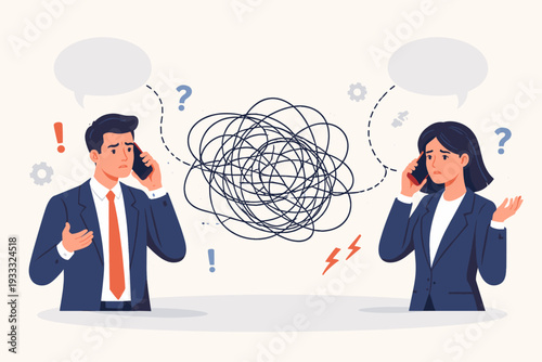 Misunderstanding and Bad Communication Concept with Business People Talking on Mobile Phones and Tangled Mess of Lines. Frustrated Man and Woman Dealing with Confusion and Complex Problems.