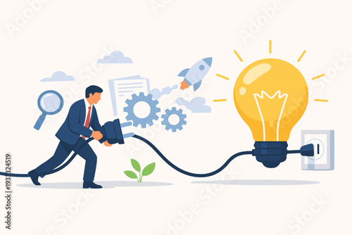Businessman Connecting Power Plug to a Glowing Light Bulb, Concept of Creative Idea, Business Startup Launch, Investment in New Project Development, Brainstorming and Innovative Solution Success
