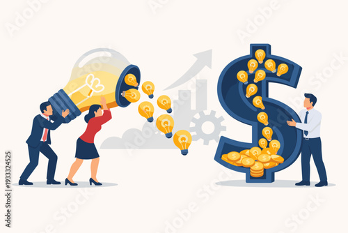 Business people pouring creative ideas from a giant light bulb into a dollar sign to generate profit and financial success. Concept of monetization, innovation, and turning vision into money.