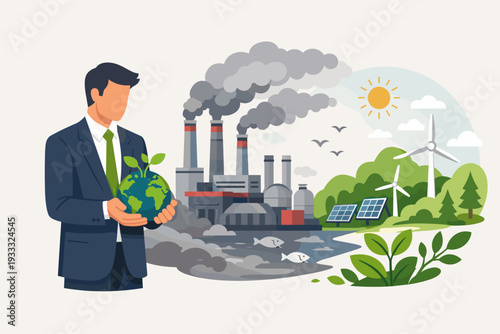 Corporate businessman holding a globe with a sprout, contrasting a polluting factory with a sustainable green landscape featuring wind turbines and solar panels for environmental protection.
