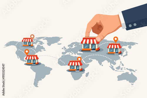 Global Franchise Business Expansion Concept with Businessman Hand Placing Shop Icons on World Map. International Retail Chain Growth, Marketing Strategy, and Global Commerce Vector Illustration.