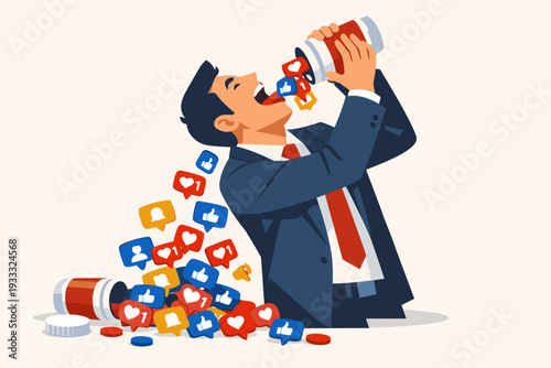 Businessman consuming social media notifications from a pill bottle as a metaphor for digital addiction and the constant need for online validation, likes, and hearts like a drug dependency.