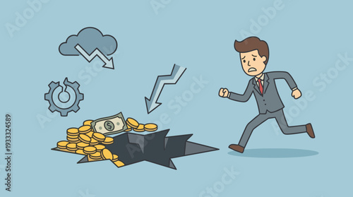 Businessman running towards money falling into a dark pit hole, symbolizing a business trap, financial crisis, economic recession, bankruptcy risk, and market failure in vector illustration style.