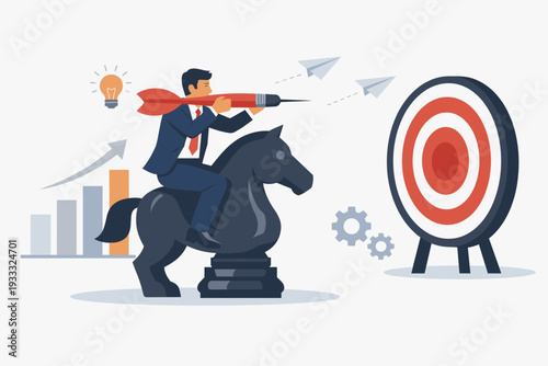 Business Strategy Concept with Businessman Riding a Knight Chess Piece and Aiming a Large Dart at a Bullseye Target, Representing Goal Achievement, Growth, Success, Leadership, and Innovation.