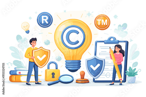 Intellectual property and copyright protection concept with tiny authors protecting creative ideas and legal information with trademark symbols, light bulb, shields, and legal documents.