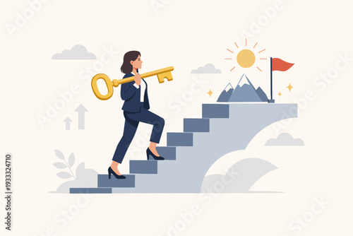 Ambitious Businesswoman Climbing Stairs with Golden Key to Success and Career Growth. Concept of Achievement, Leadership, and Reaching Professional Goals. Flat Vector Illustration Background.