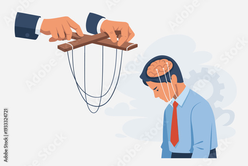 Psychological Manipulation and Mind Control Concept with Puppet Master Hands Controlling a Businessman's Brain and Actions, Symbolizing Exploitation, Influence, and Lack of Personal Autonomy