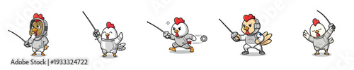 Cute Chicken Mascot Fencing Athlete Cartoon Vector Character Collection Set