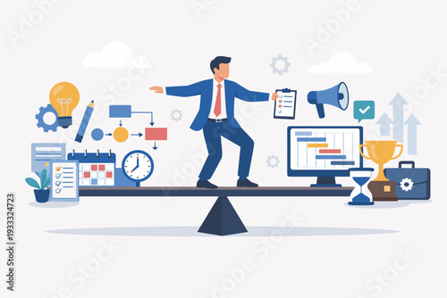 Businessman Balancing on a Seesaw Managing Complex Project Development Process. Vector Illustration of Professional Multitasking with Icons for Planning, Time Management, Strategy, and Success.