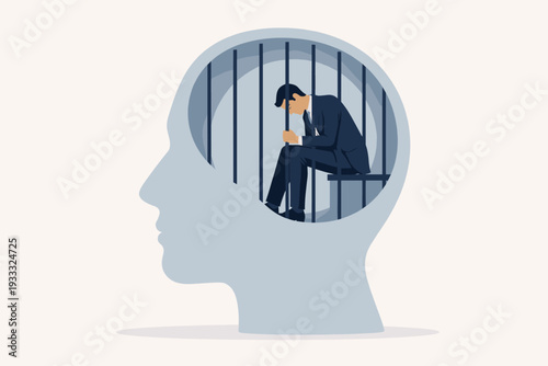 Mental health concept of a businessman sitting behind prison bars inside a human head silhouette, symbolizing depression, anxiety, psychological confinement, emotional stress, and feeling trapped.