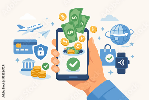 Safe and easy e-payments on smartphone concept. Business e-payment using financial apps and international money transfers. Hand holding mobile phone with cash, coins, credit card and bank icons.