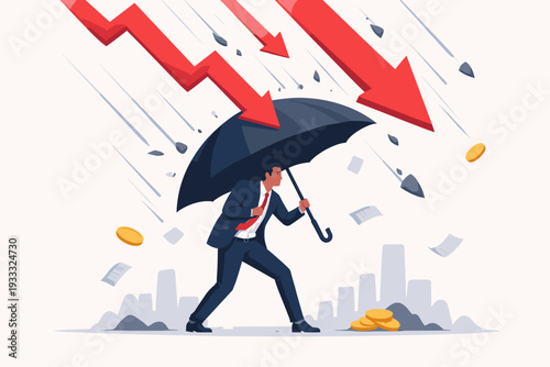 Businessman holding umbrella for protection against stock market crash and economic crisis with falling red arrows and coins, financial risk management and insurance concept vector illustration