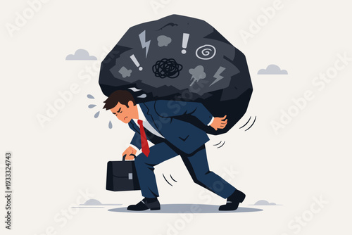 Stressed businessman carrying a massive heavy stone on his back, symbolic of work pressure, burnout, mental health burden, and professional exhaustion in a corporate environment illustration.