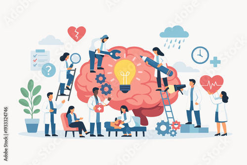Mental Health and Psychology Concept with Team of Doctors and Specialists Working on Giant Human Brain, Illustrating Therapy, Brain Function, Cognitive Science, and Psychiatric Medical Care
