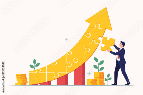 Strategic business growth concept with businessman completing a rising jigsaw puzzle arrow, representing financial success, investment solutions, market progress, and wealth development.