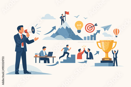 Business Leader with Megaphone Inspiring People with Success Story and Aspiration Concept. Professional Speaker Motivating Team to Develop Career, Achieve Goals, and Reach Peak Performance.