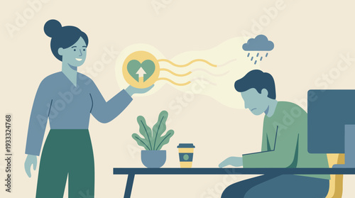 Empathy and mental health support at work vector illustration with a woman sharing positive energy and a glowing heart icon with a sad coworker to help with depression, stress and burnout.