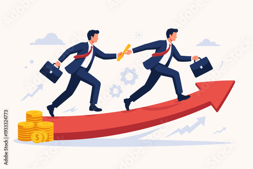 Two Businessmen Passing the Baton in a Relay Race on a Rising Red Arrow, Symbolizing Business Growth, Teamwork, Leadership Succession Planning, and Financial Success with Gold Coins and Progress.