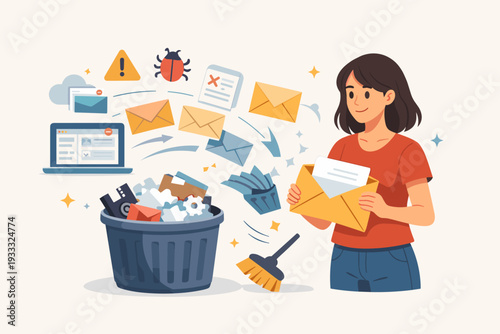 Woman Cleaning Digital Data and Moving Unnecessary Files to Trash Bin, Illustration of Digital Memory Maintenance, Email Management, Deleting Spam, Junk Mail, and Viruses for Better Productivity
