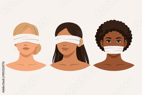 Vector Illustration of Three Diverse Women with Blindfolded Eyes and Covered Mouth Representing Blind Deaf and Mute Concept, Censorship, Silence, and Social Issues in Minimalist Flat Style