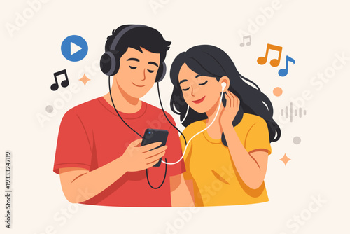 Happy young couple sharing music on a smartphone, man wearing headphones and woman with earbud, listening to favorite songs together, online streaming service concept, flat vector illustration.