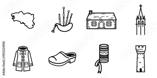 Ensemble de pictogrammes bretons en dessin au trait noir et blanc : carte de Bretagne, cornemuse, maison bretonne, clocher, ciré marin, sabot, coiffe traditionnelle et tour médiévale.