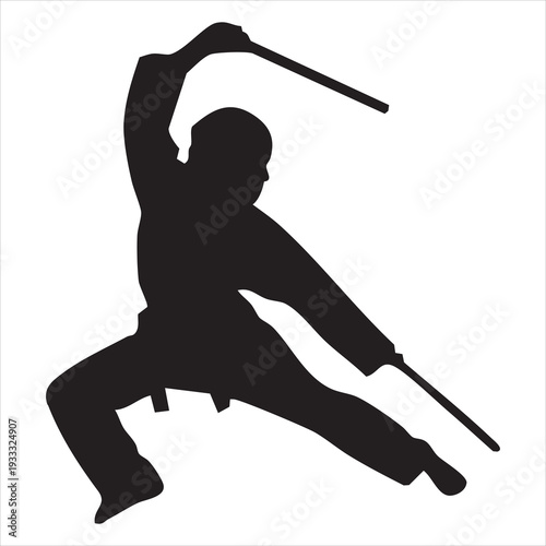Black silhouette of ninja sprinting forward, holding katana sword diagonally across body, flowing cloth strips on arms and legs, dynamic motion lines, Adobe Illustrator Artwork