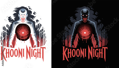 Khooni Night Horror Man Mascot with Glowing Red Core, Scary Thriller Poster Art, Flat Vector Illustration