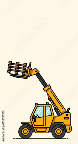 Telescopic Handler Lifting Pallet in Motion for Construction, Logistics, Warehouse Management, Equipment Rental, and Industrial Process Education