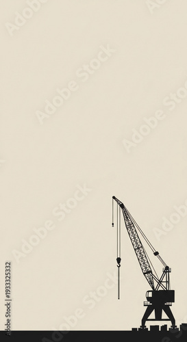 Monochrome Silhouette of Tower Crane against Minimalist Background for Construction Blogs, Industry Websites, Architecture Articles, and Urban Development Awareness