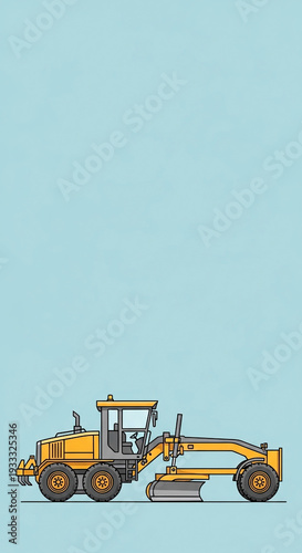 Road Grader Machine Illustration on Light Blue Background for Construction Blogs, Heavy Machinery Websites, Engineering Education, and Industrial Awareness Content