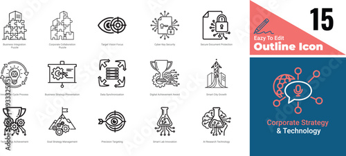 Business Strategy & Cyber Security Line Icon Set – AI Research, Innovation Process, Data Protection, Smart City Growth Outline Vector Collection