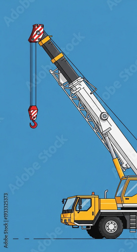 Mobile Crane with Extended Boom Against Blue Background for Construction Blogs, Safety Websites, Heavy Equipment Articles, and Industrial Awareness Content