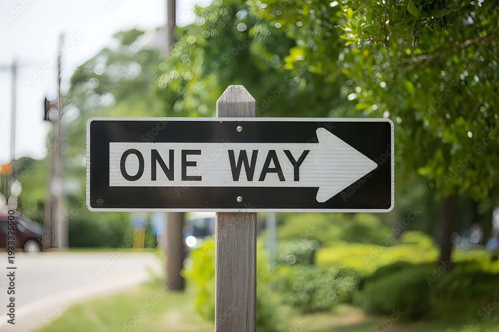 Fototapeta premium One way street sign on wooden post with green trees and road in background one way sign