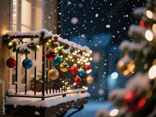 Wallpaper Mural Bright and colorful Christmas balls dangle from a snowy balcony, illuminating the winter night. Soft snowflakes fall gently, creating a magical holiday atmosphere Generative AI Torontodigital.ca