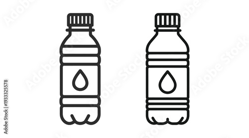 Two plastic water bottles with caps and labels