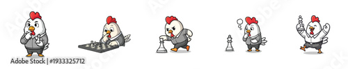 Cute Rooster Chess Strategy Mascot Cartoon Vector Character Collection