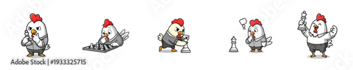 Cute Chicken Chess Player Mascot Cartoon Strategy Vector Character Collection