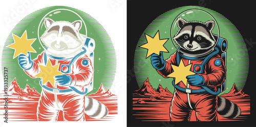 Raccoon Astronaut Holding Stars on Red Planet, Space Explorer Mascot, Flat Vector Illustration