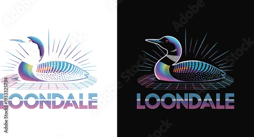 Retro Synthwave Loon Illustration, 80s Vaporwave Bird Logo Graphic, Loondale Neon Gradient Bird Art