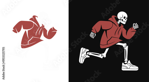 Running Skeleton in Hoodie and Sneakers, Retro Cartoon Streetwear Mascot, Flat Vector Art