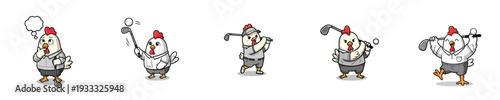 Cute Chicken Golfer Mascot Cartoon Sport Vector Character Collection