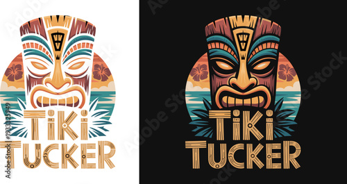 Tiki Tucker Tropical Mask Vector Illustration, Retro Tribal Totem Graphic for T-Shirt Design