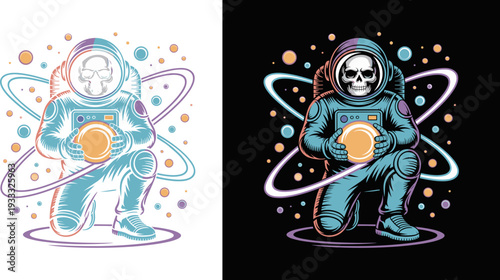 Vintage Skull Astronaut Illustration, Dead Spaceman Holding Planet in Space, Flat Vector Graphic